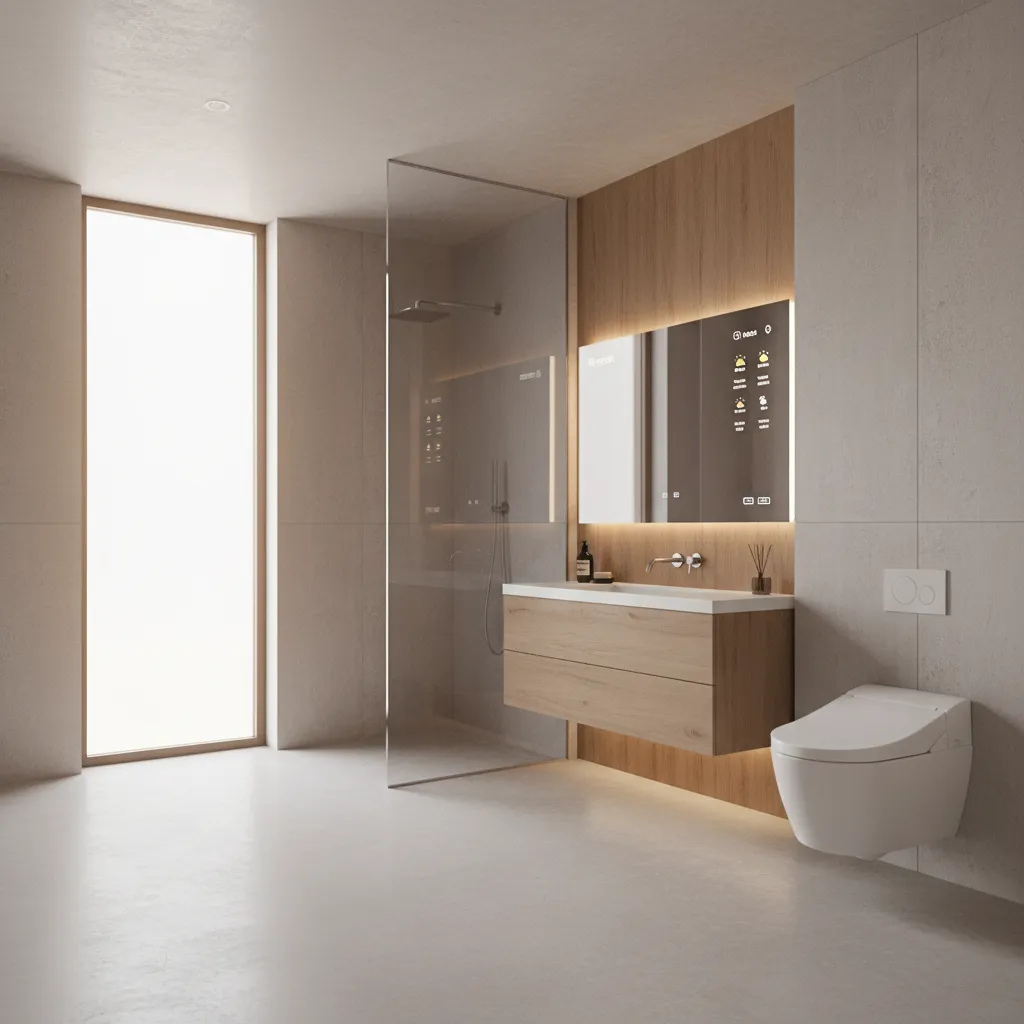 Modern bathroom with glass shower smart mirror wooden cabinet sink toilet and large bright window