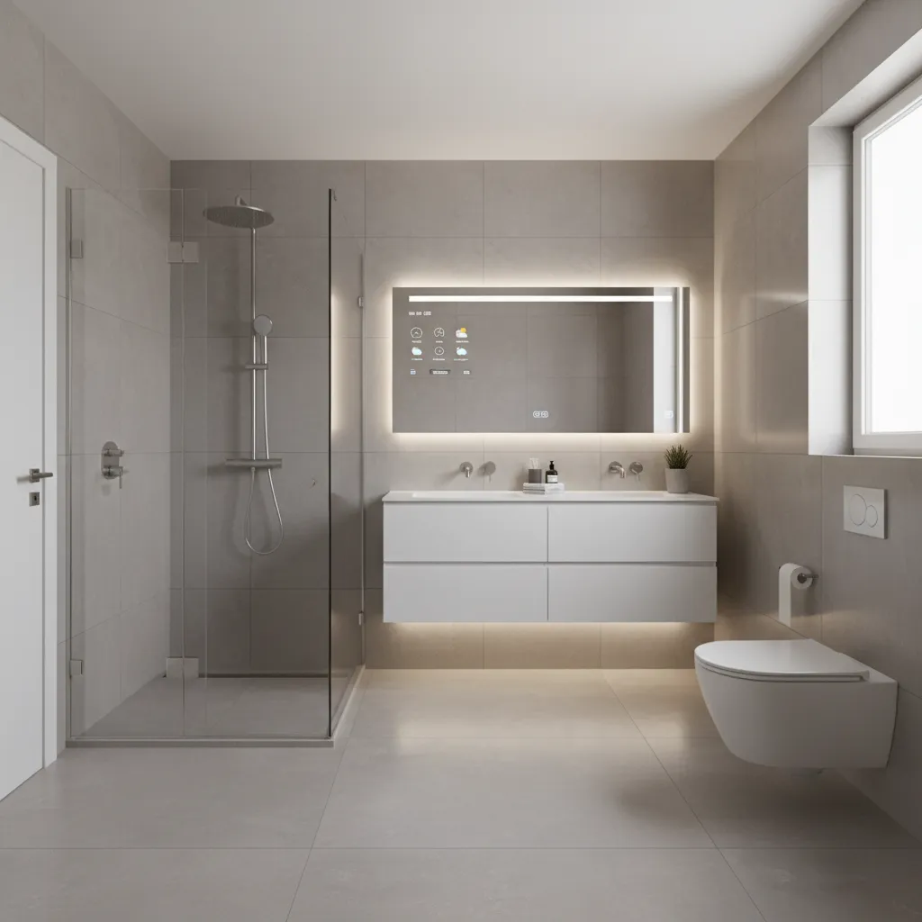 Overview of a modern smart bathroom layout showing shower, vanity, and device placement