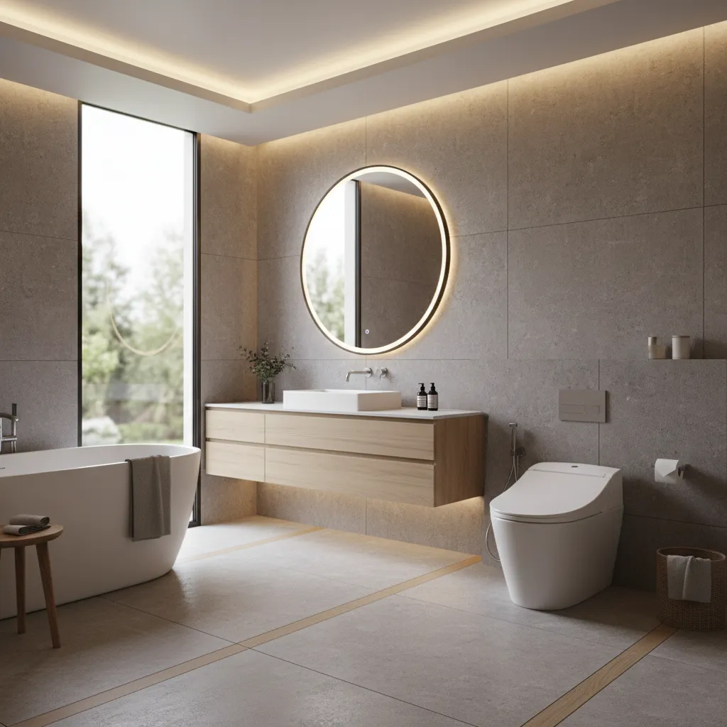 Modern bathroom with white bathtub round light mirror wooden cabinet sink toilet and grey tiles