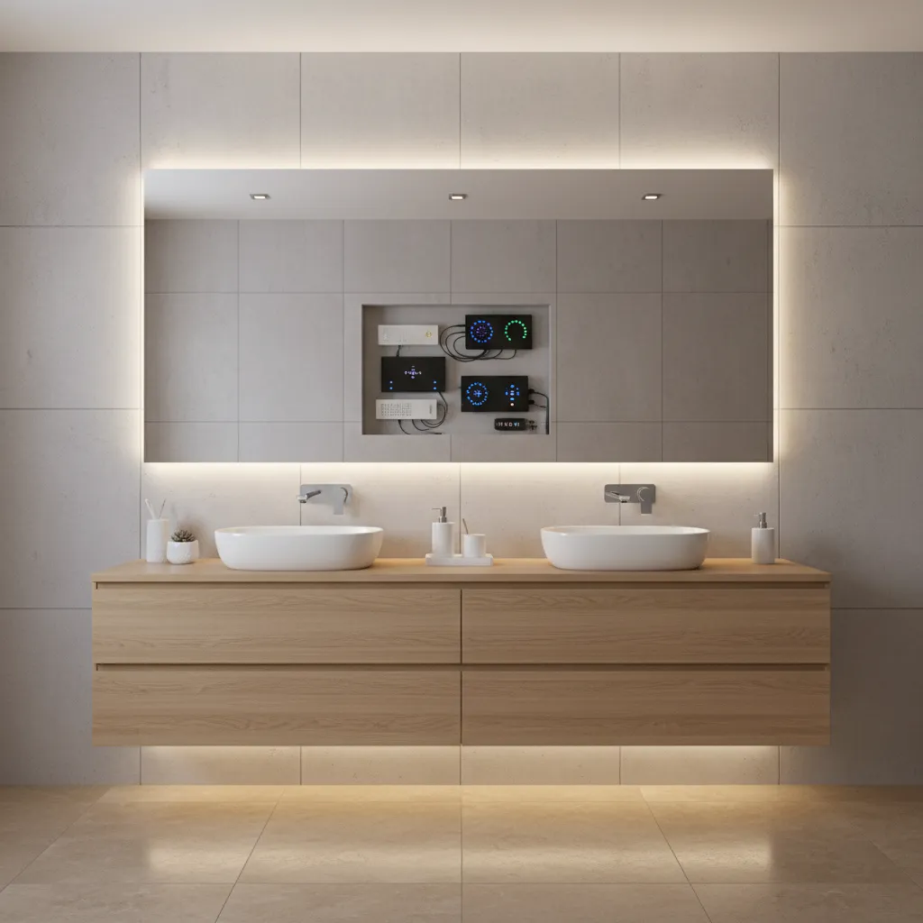 Bathroom vanity area showing hidden service access for smart devices