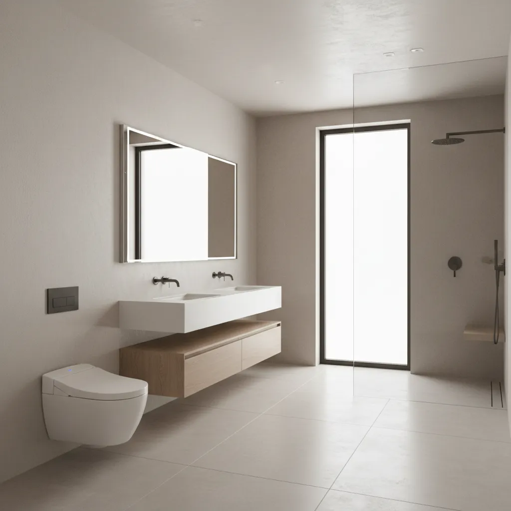 Minimalist bathroom with large mirror double sink floating cabinet toilet walk in shower and window