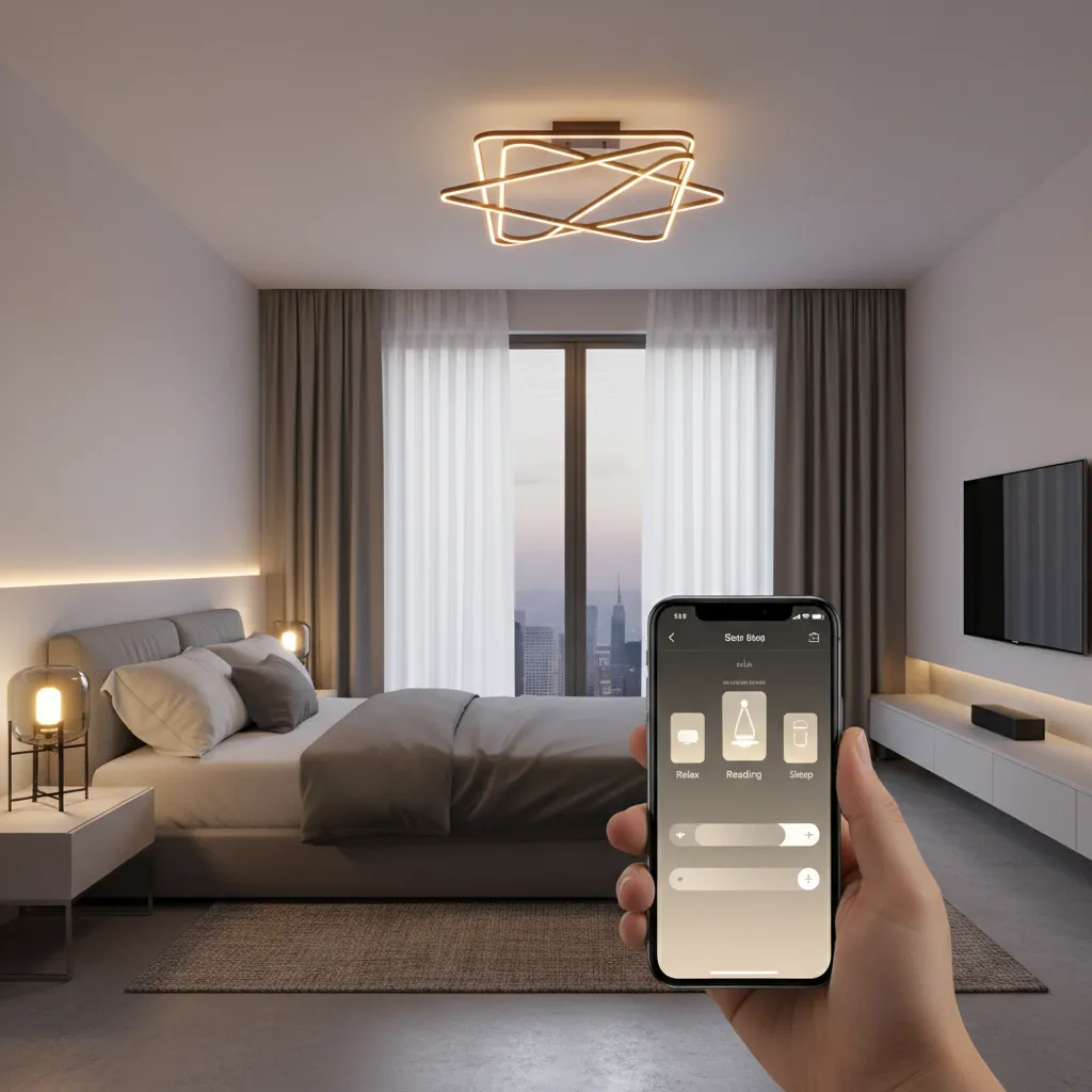 Modern bedroom with smart lighting system controlled by dimmers and app automation