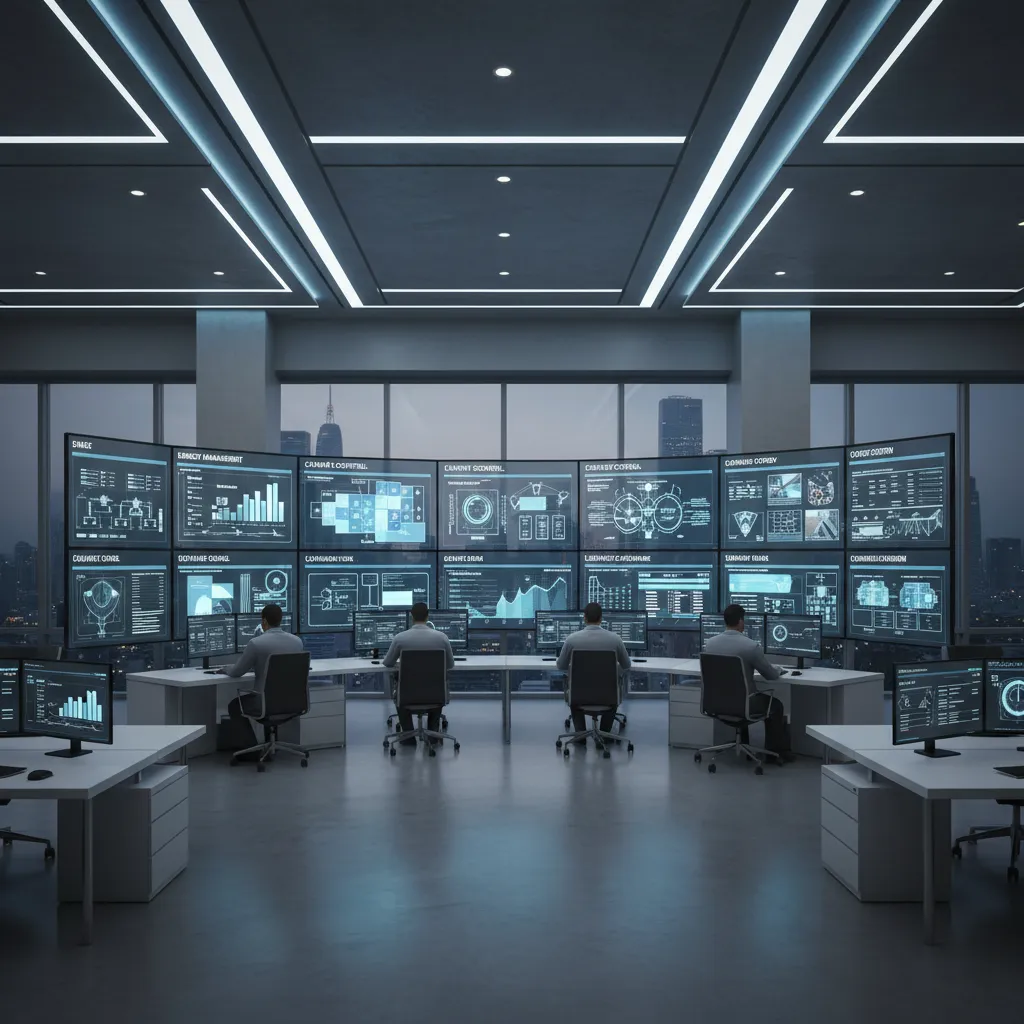 smart building control dashboard managing lighting hvac and energy in modern office tower