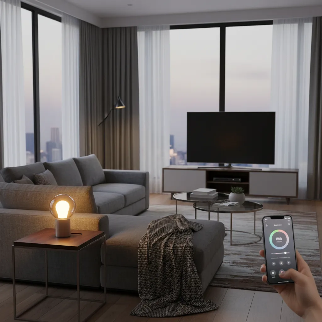 smartphone controlling smart bulb lighting in a modern living room