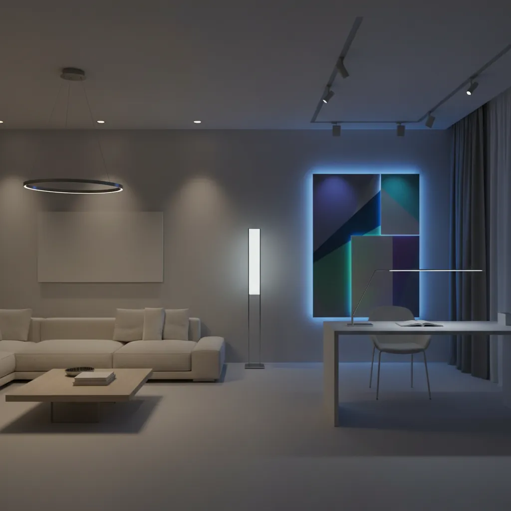 Room showing different smart bulb colors and brightness levels