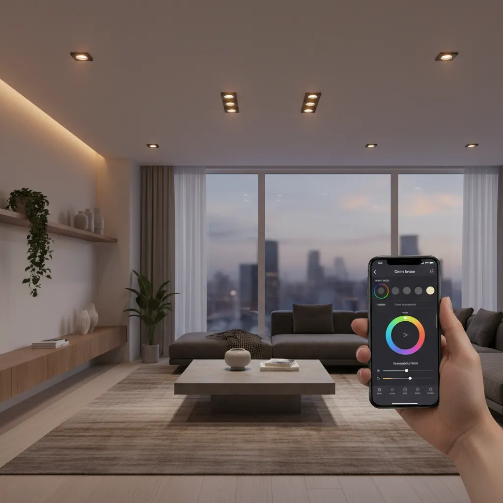 smartphone controlling smart bulb lighting in modern home