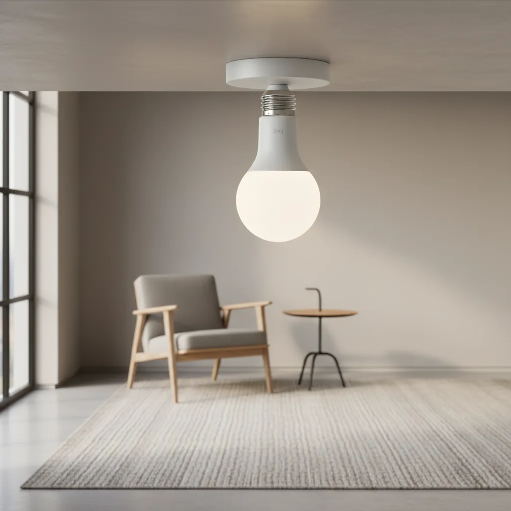 Smart bulb installed in modern ceiling fixture showing LED electronics base