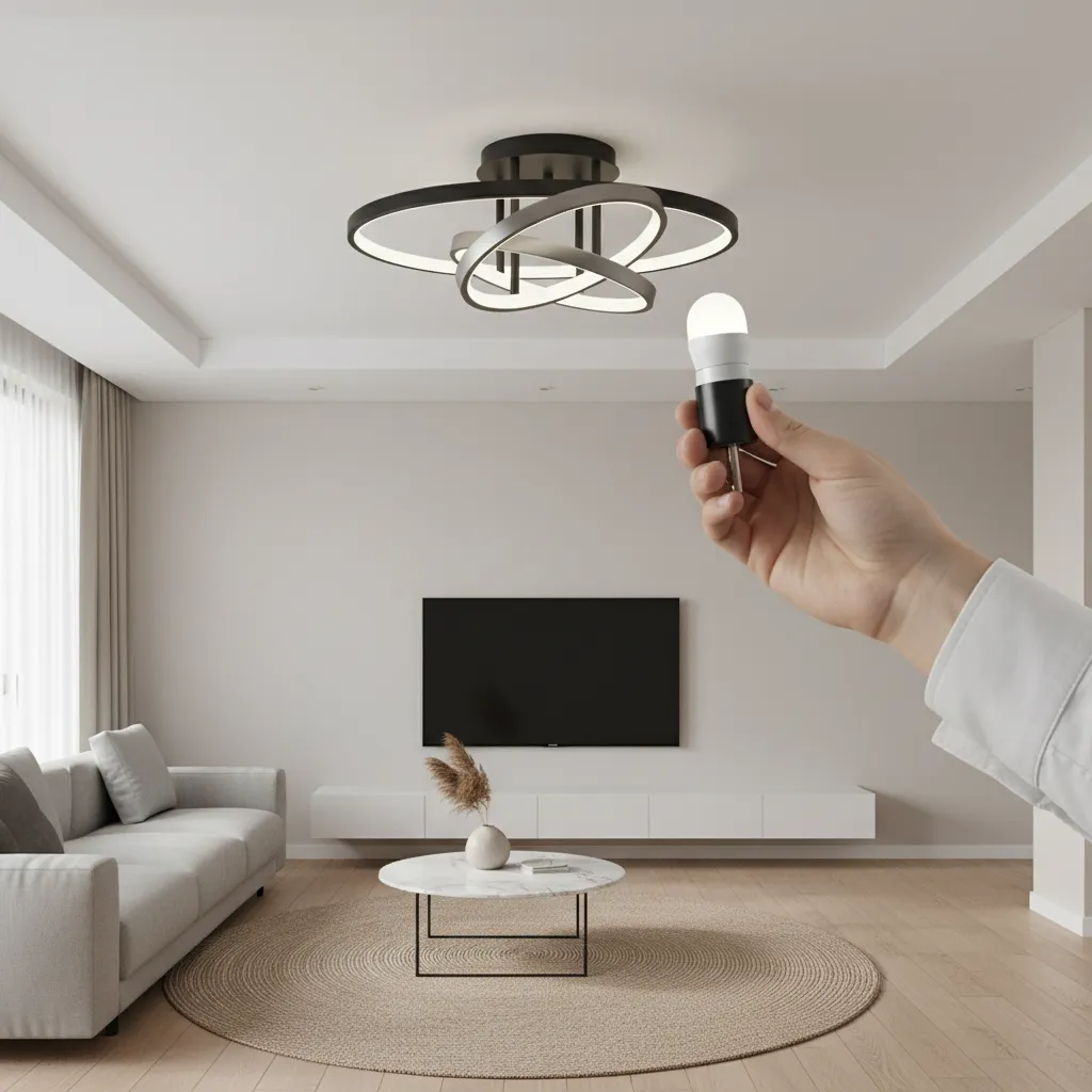 Installing a smart light bulb in a modern living room ceiling fixture