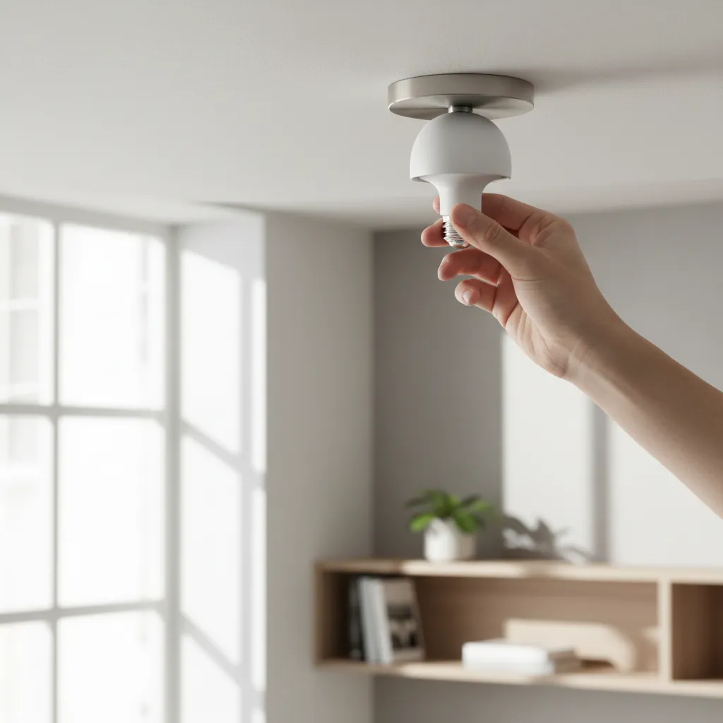 Installing a smart light bulb into a ceiling fixture during setup