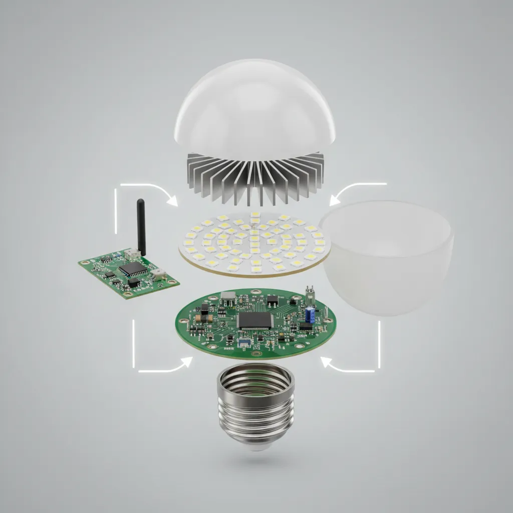 exploded view diagram of smart bulb internal components including LED array driver board and wifi module