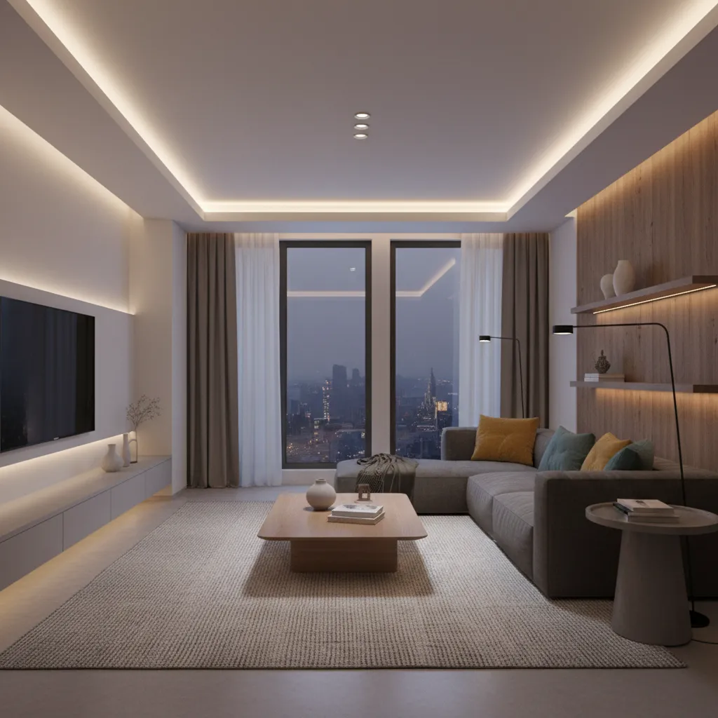 Modern living room using multiple smart light bulbs for ambient lighting
