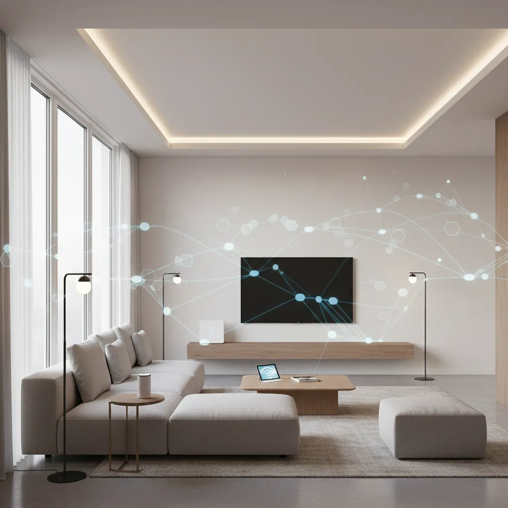 Smart home living room with connected lighting devices and WiFi router environment