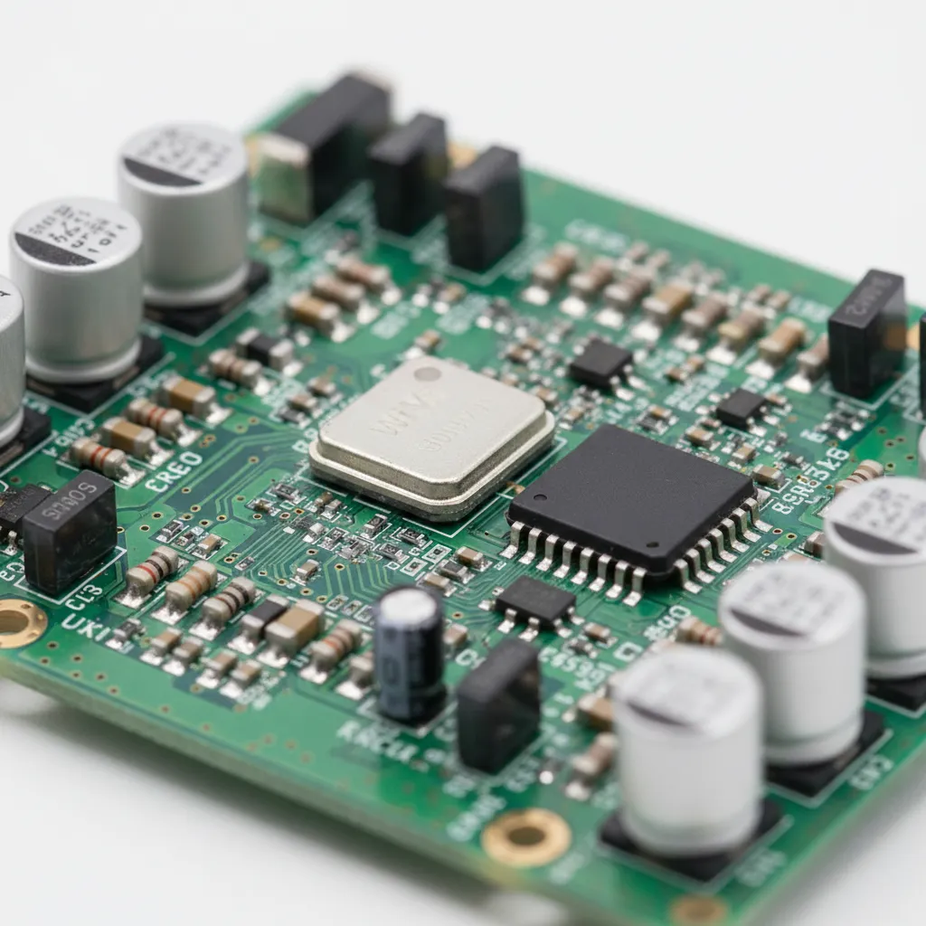 close up of smart bulb circuit board showing wireless chip and driver electronics