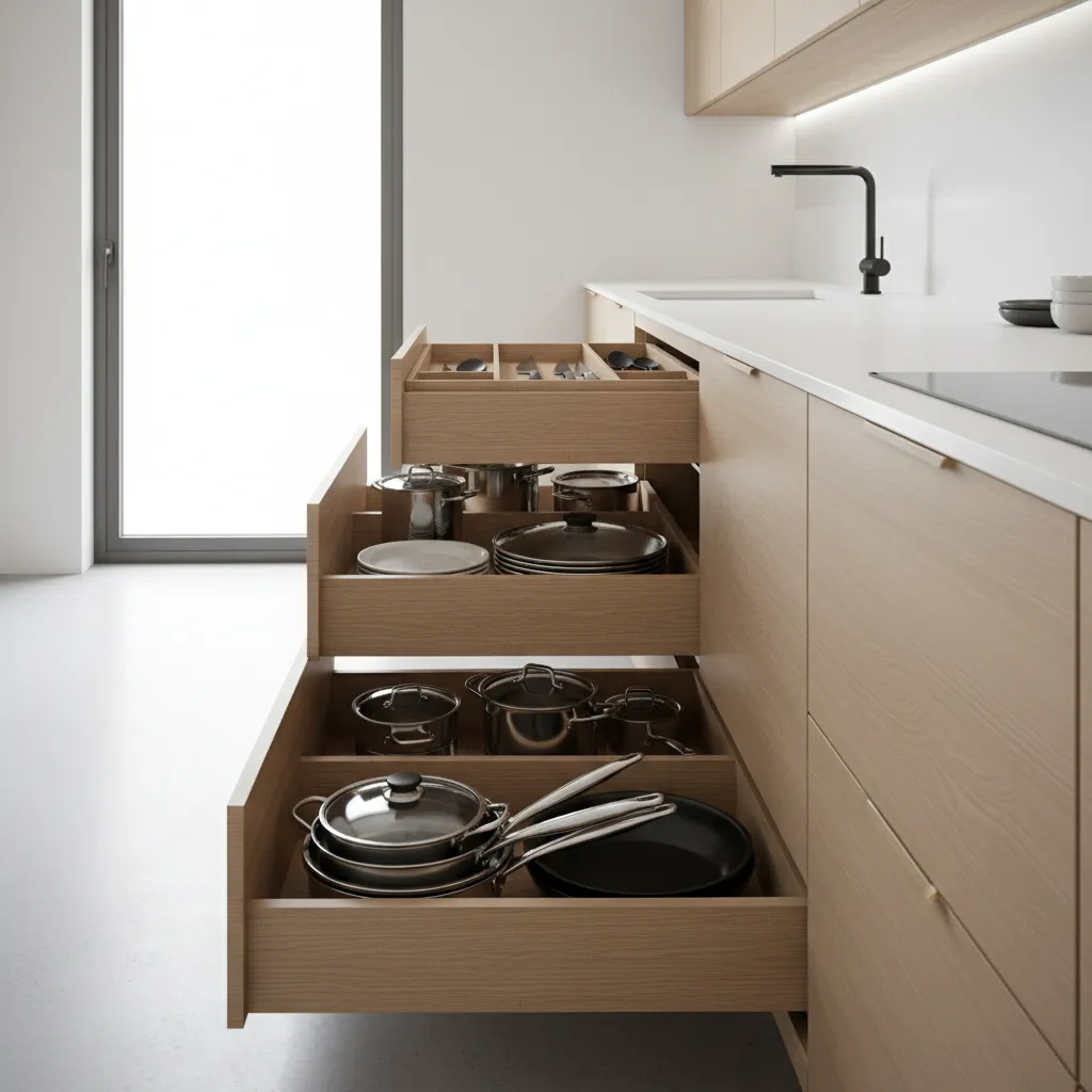 small kitchen cabinet system with deep drawers and organized storage