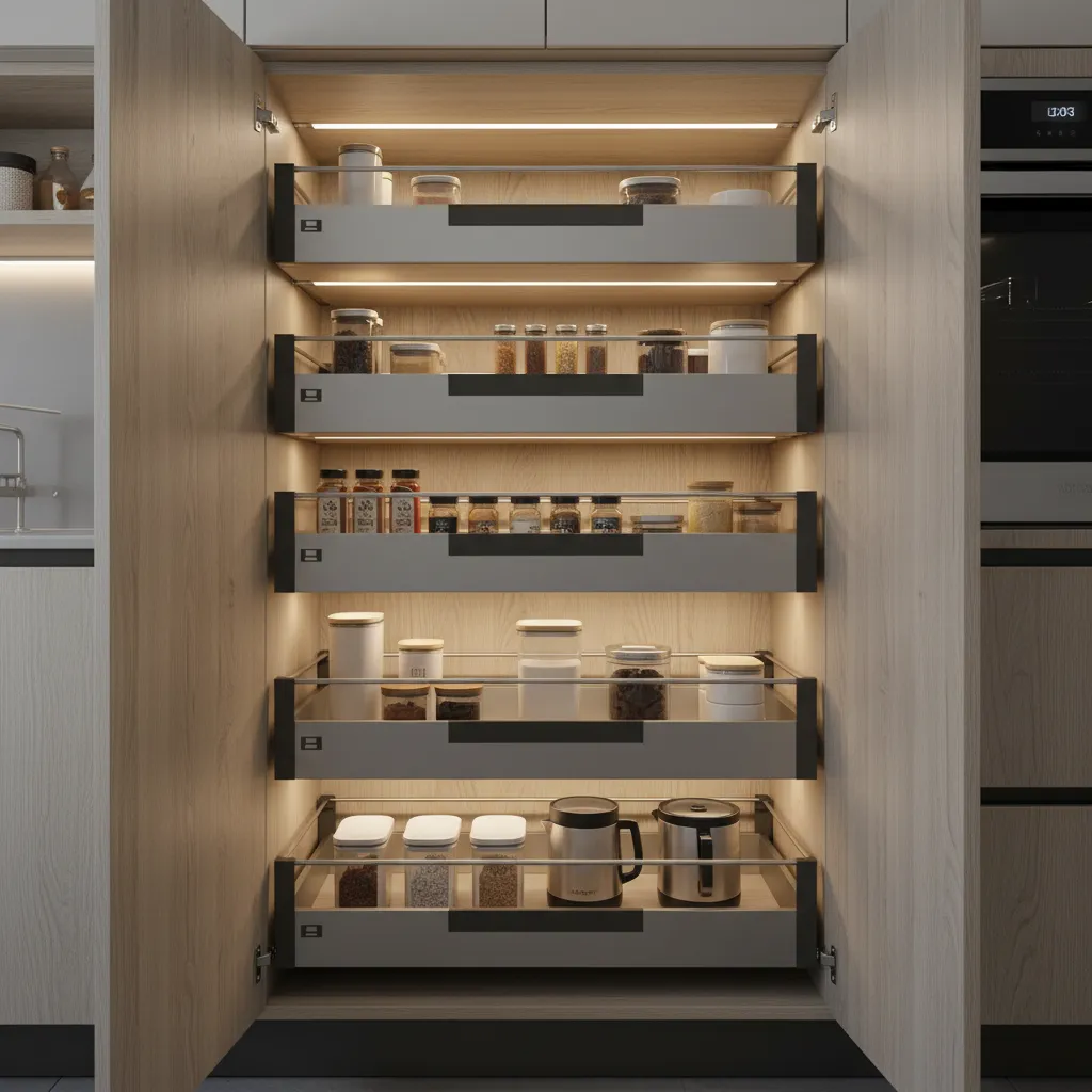 Pull out smart cabinet storage systems in compact kitchen