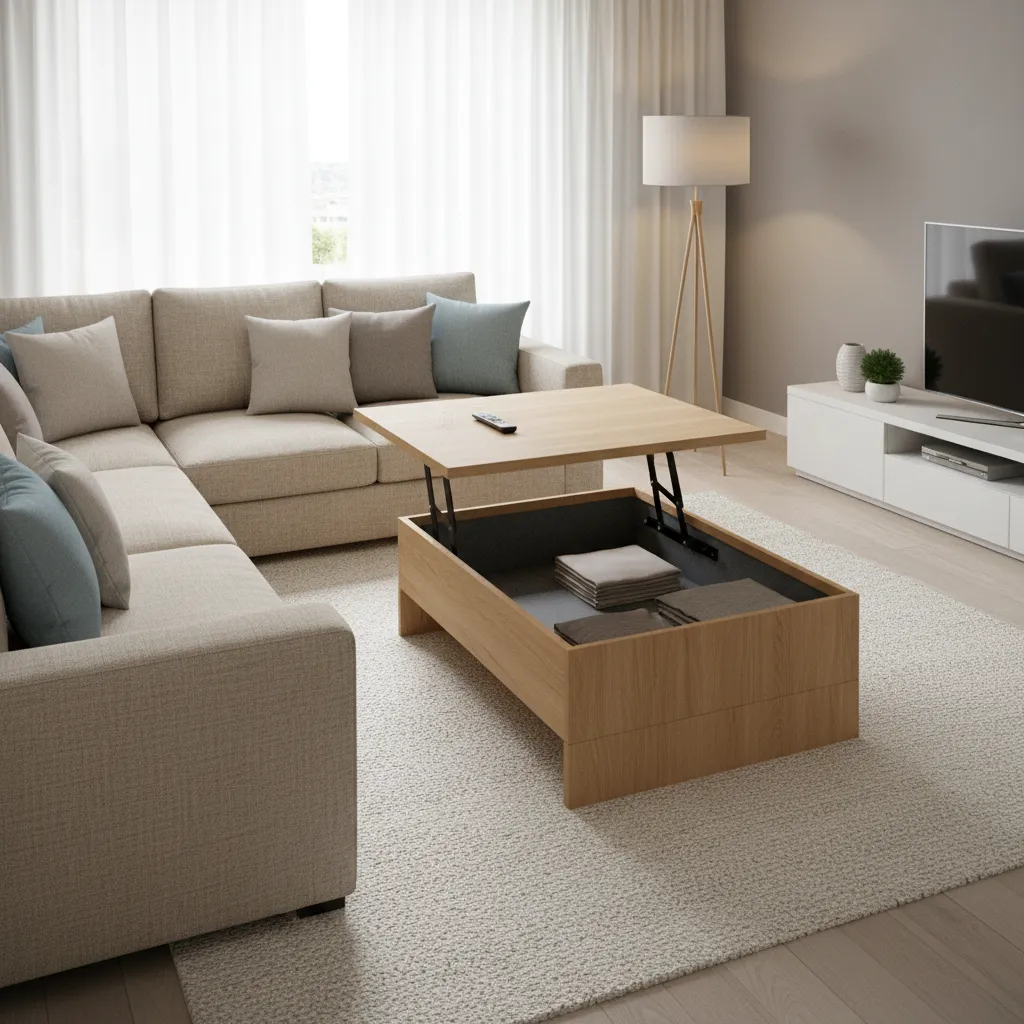 Modern lift top coffee table with internal storage in small living room
