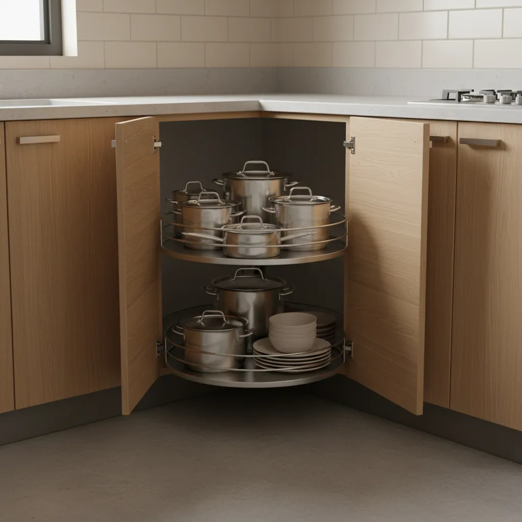 Motorized corner cabinet storage system in a small kitchen