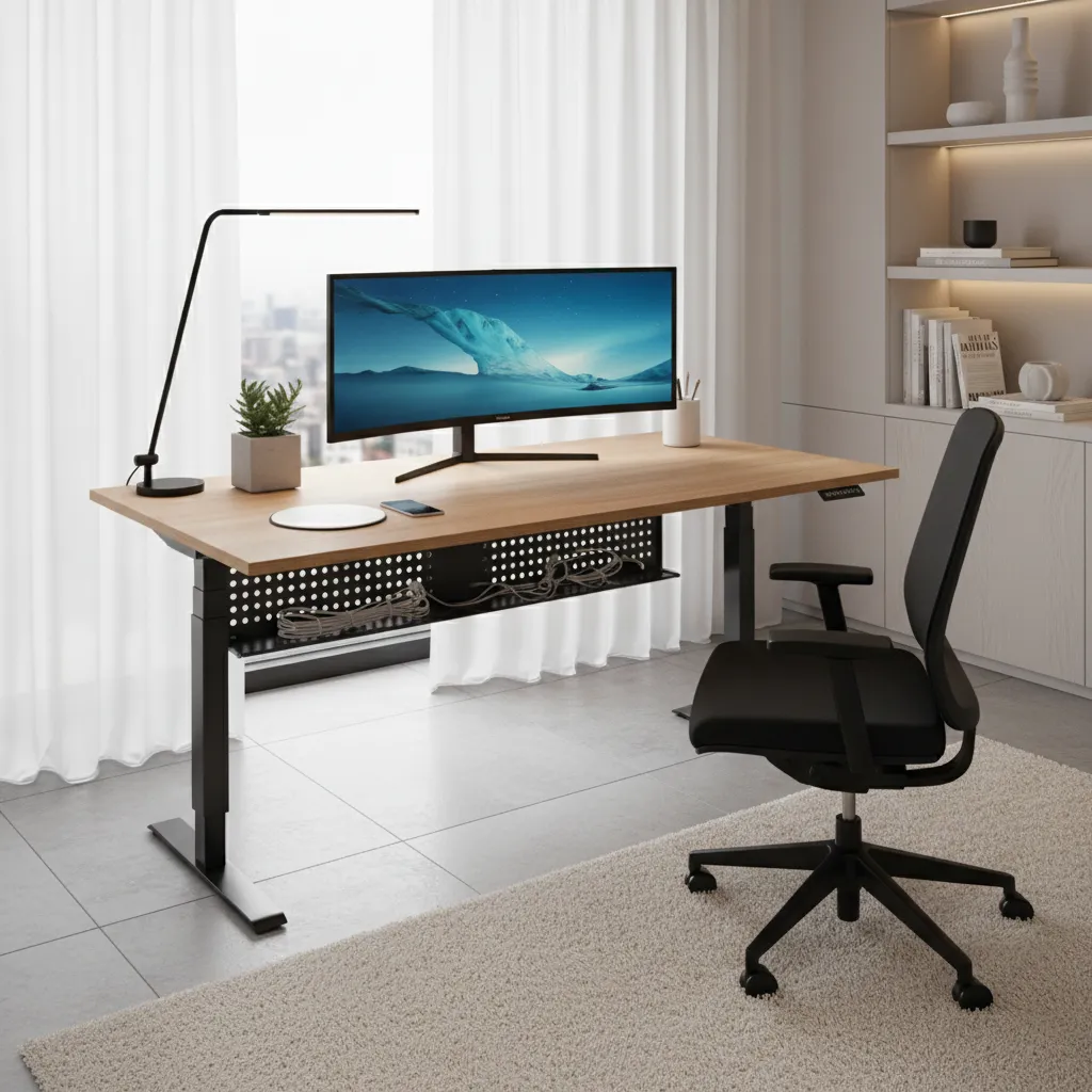 smart desk home office setup with standing desk monitor lighting and wireless charging