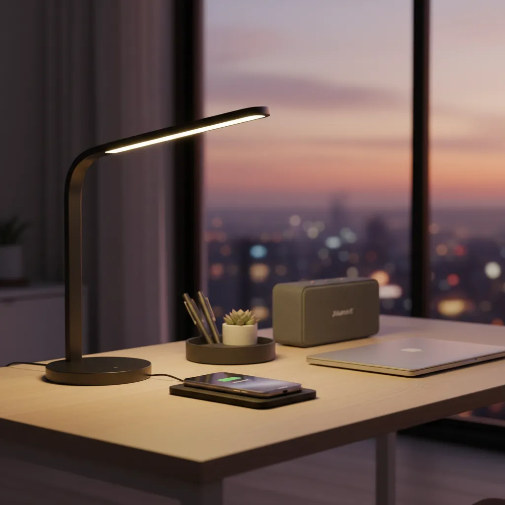 smart desk lamp and wireless charging station integrated into desk setup