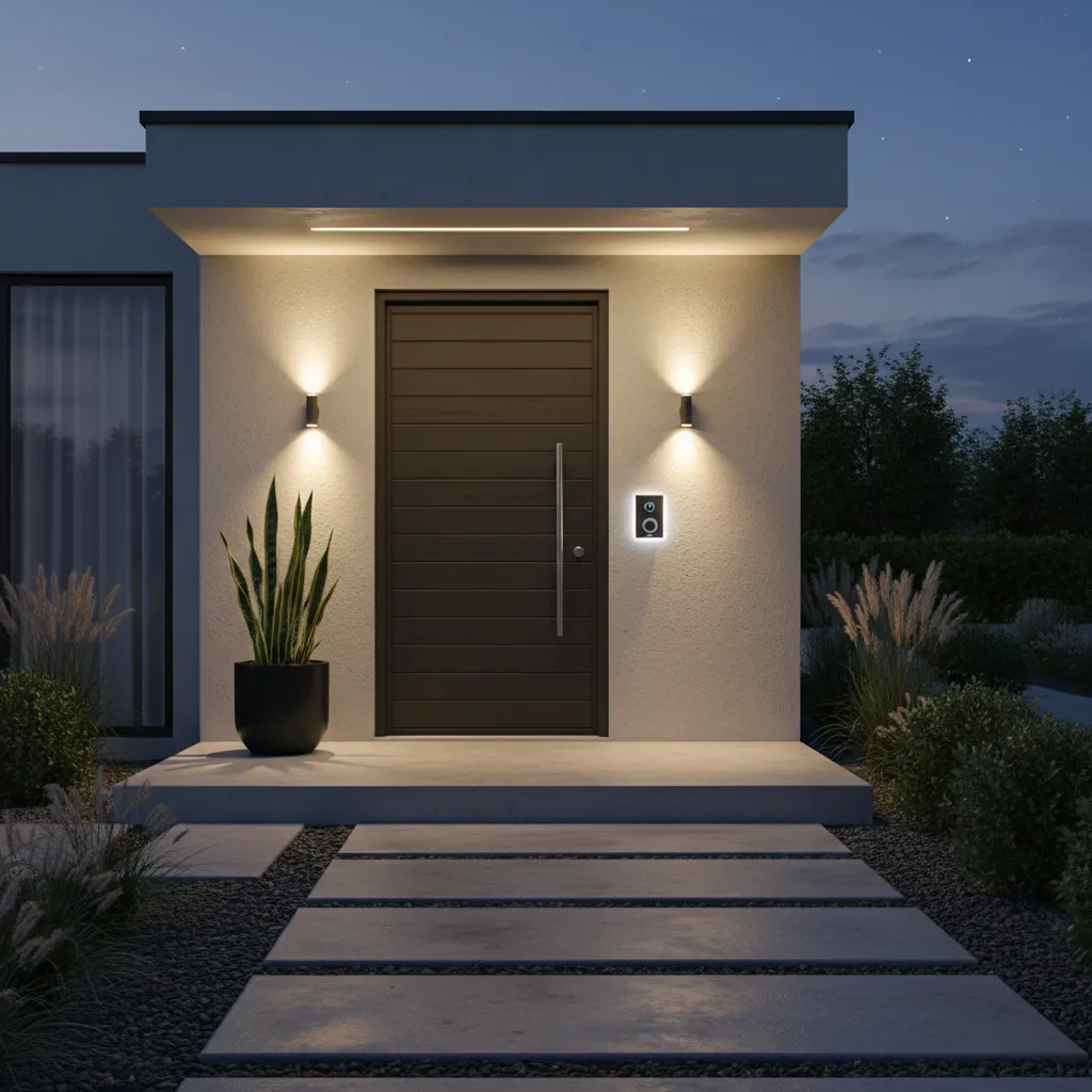 modern front door with smart doorbell camera and entry lighting
