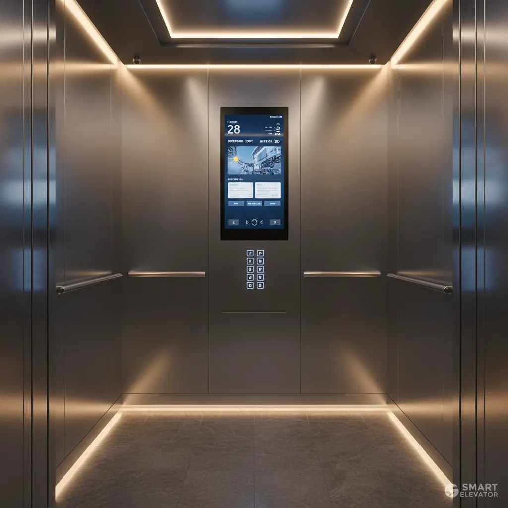 modern elevator interior with integrated digital display panel