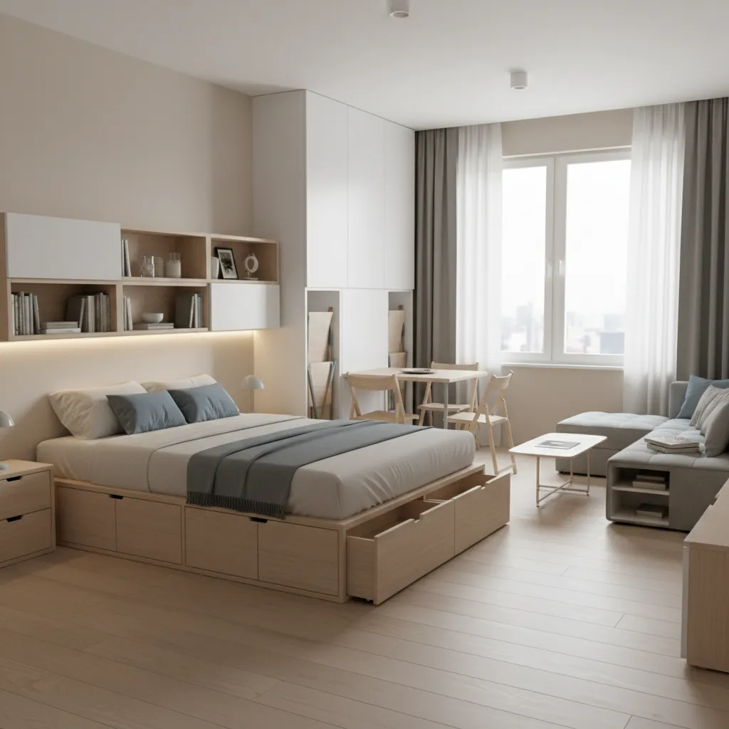 Modern studio apartment featuring storage bed wooden shelves dining table grey sofa and large windows