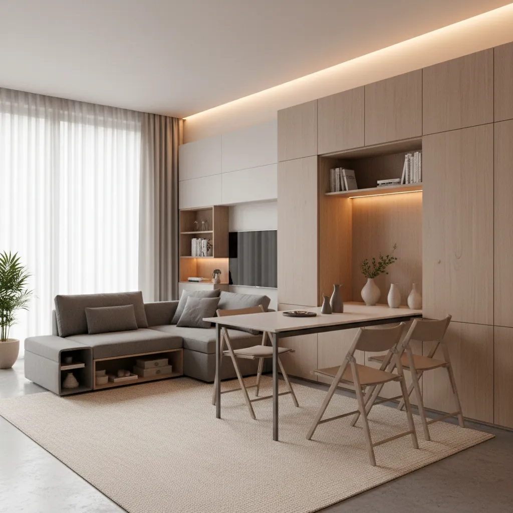 Small living room with grey sofa wood wall cabinet dining table and three folding chairs