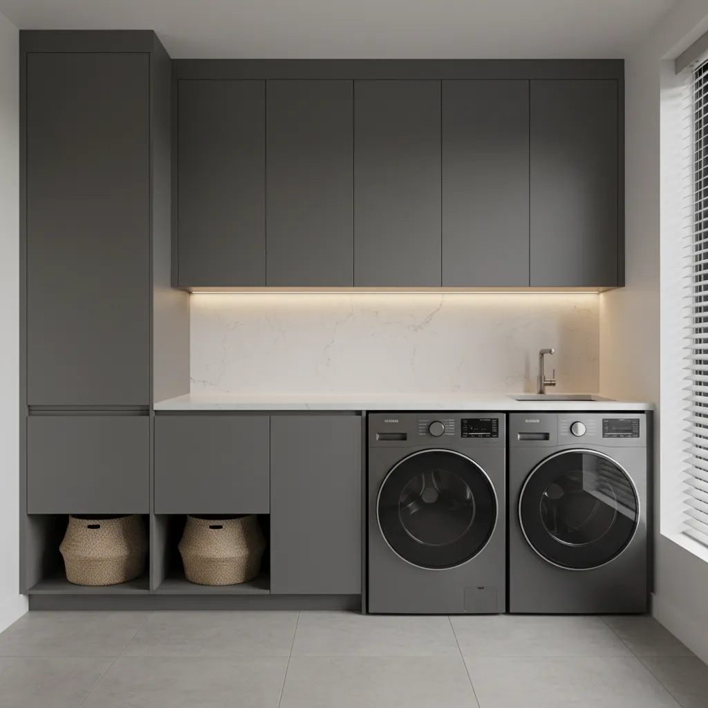 High end smart grey washer and dryer with digital displays in a modern laundry room