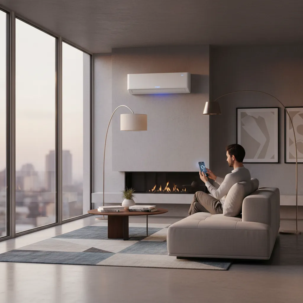 Smartphone controlling air conditioning system in modern living room