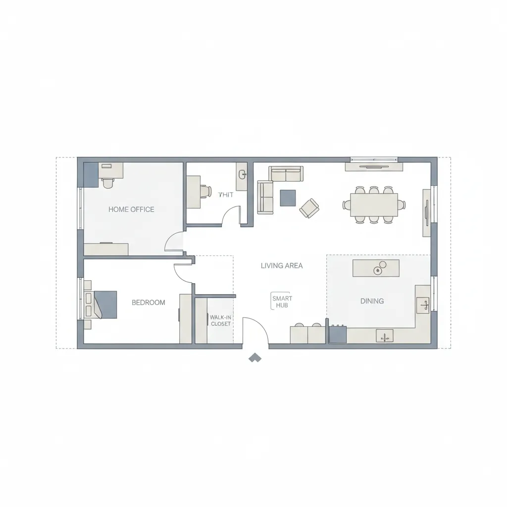 architectural floor plan showing smart home activity zones like living, private and work areas