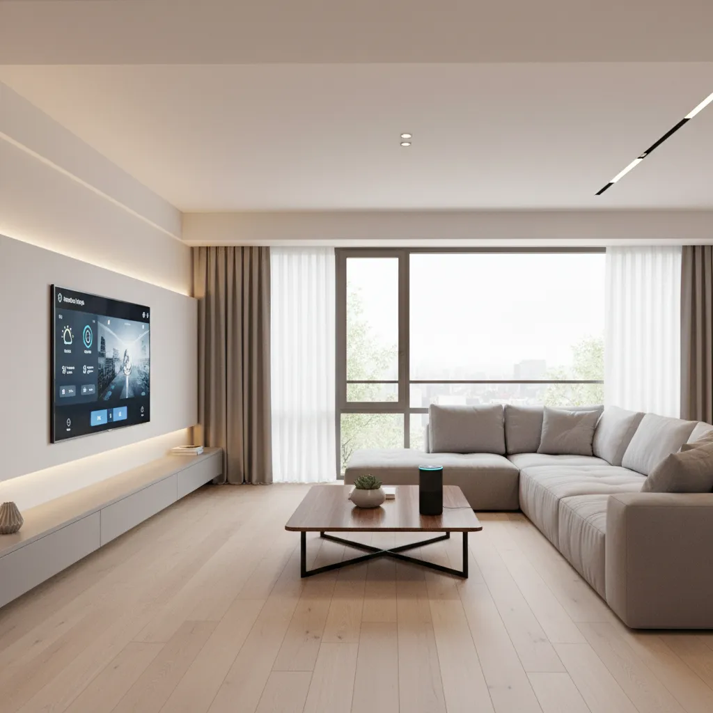 Modern smart apartment living room with integrated lighting and voice assistant devices