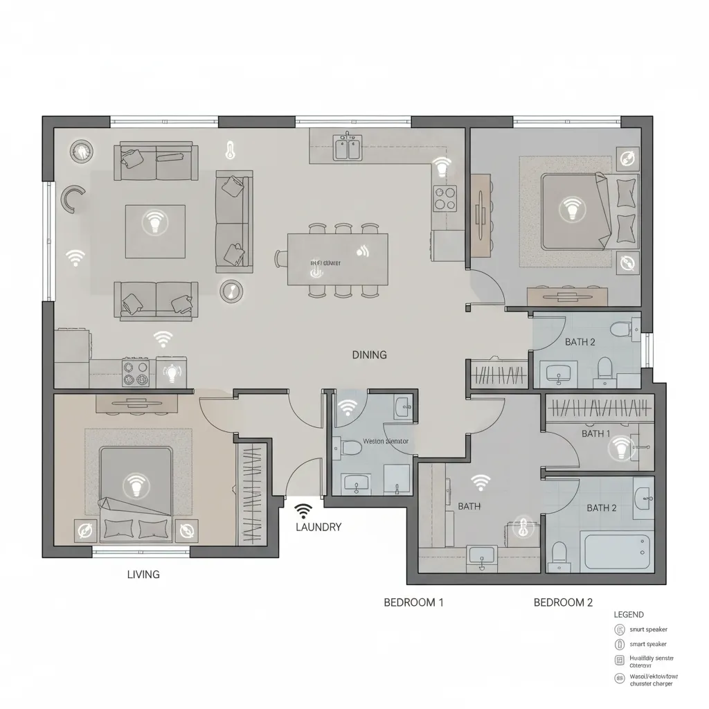 smart home planning diagram over apartment floor plan