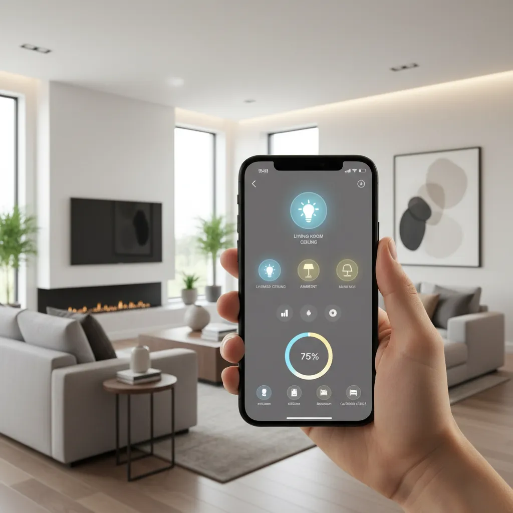 Aplicación móvil controlando luces y dispositivos de una casa inteligente