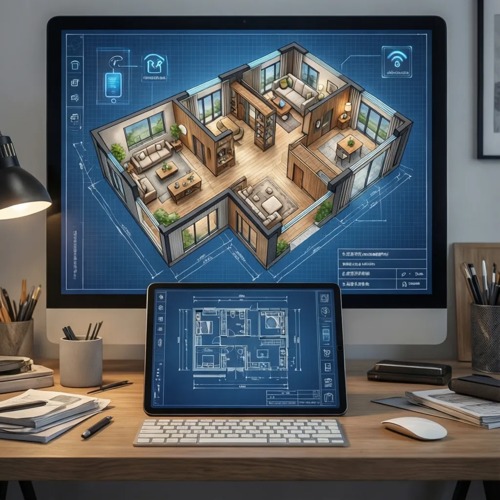 Plano digital de una vivienda con sistemas domóticos señalados