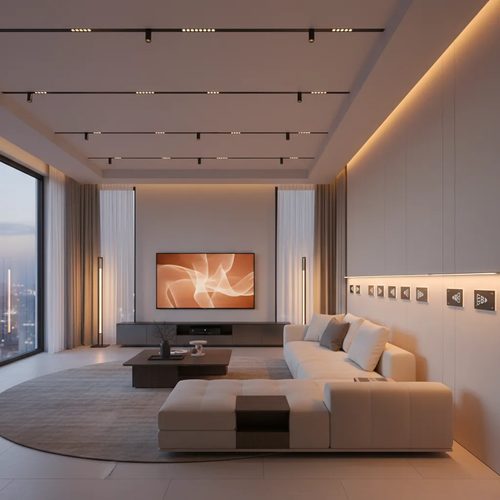 Modern smart home lighting scene controlled by automation system and wall switches