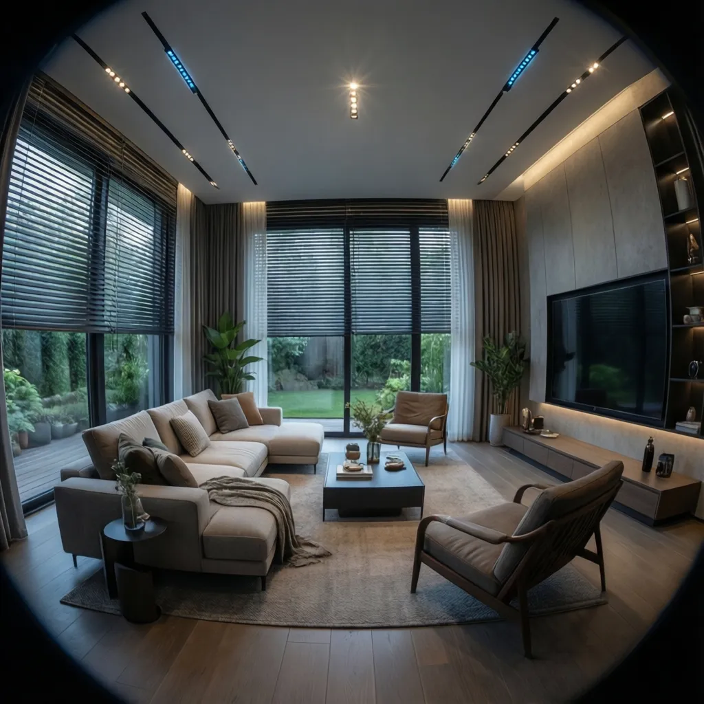 modern living room with smart lighting and automated shades