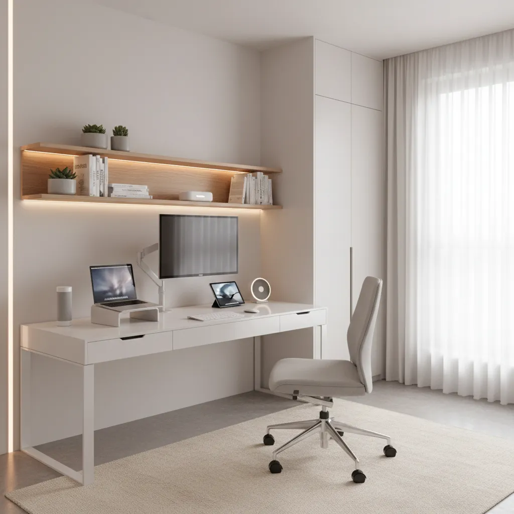 Bedroom converted into smart home office with automation lighting and workstation
