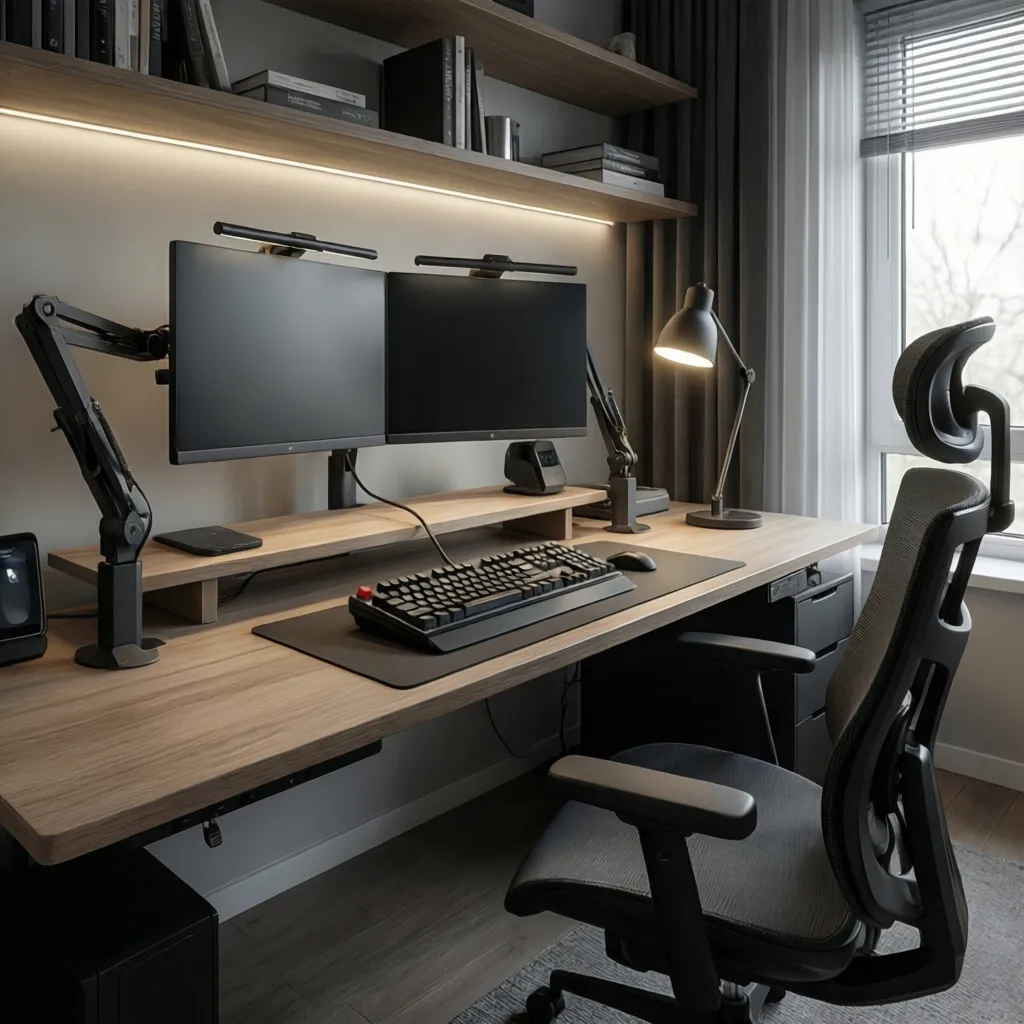 High tech home office desk with dual monitors smart lighting and ergonomic chair