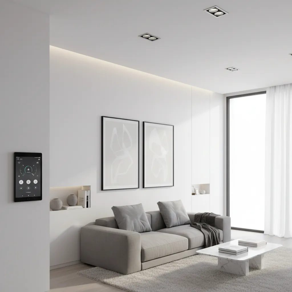 Modern apartment interior with visible smart home technology integration