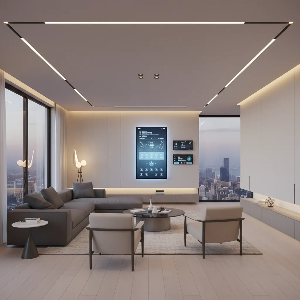 Smart home living room with integrated lighting and technology controls