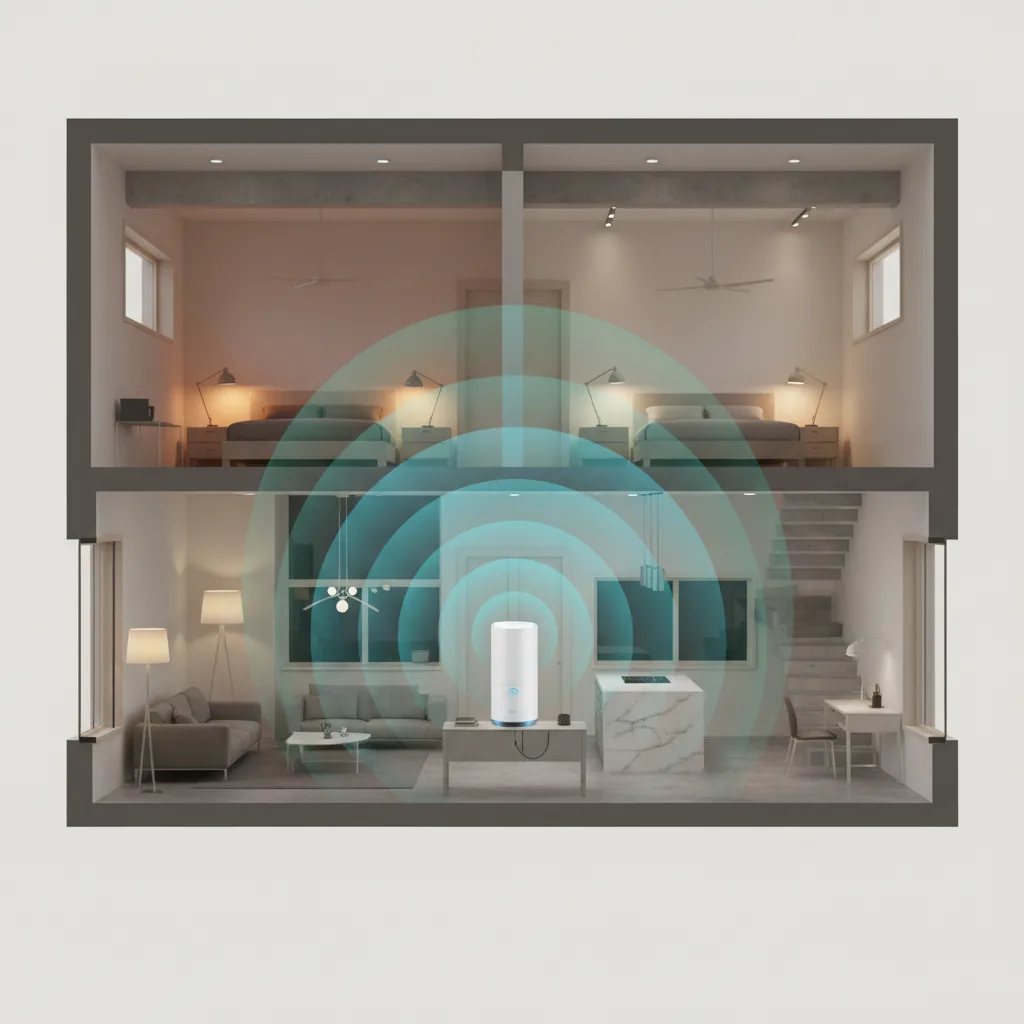 Modern home layout showing WiFi signal strength zones for smart lighting