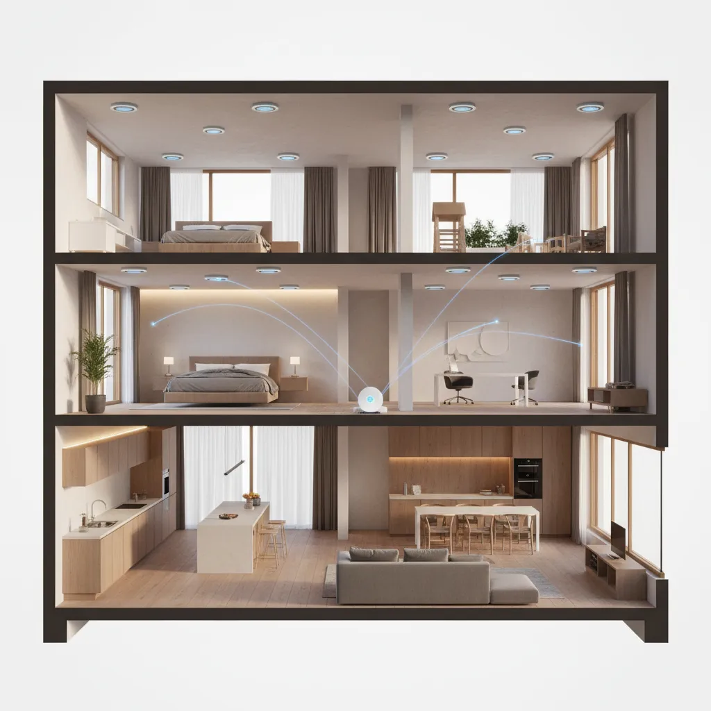 smart home interior with multiple connected smoke detectors across rooms