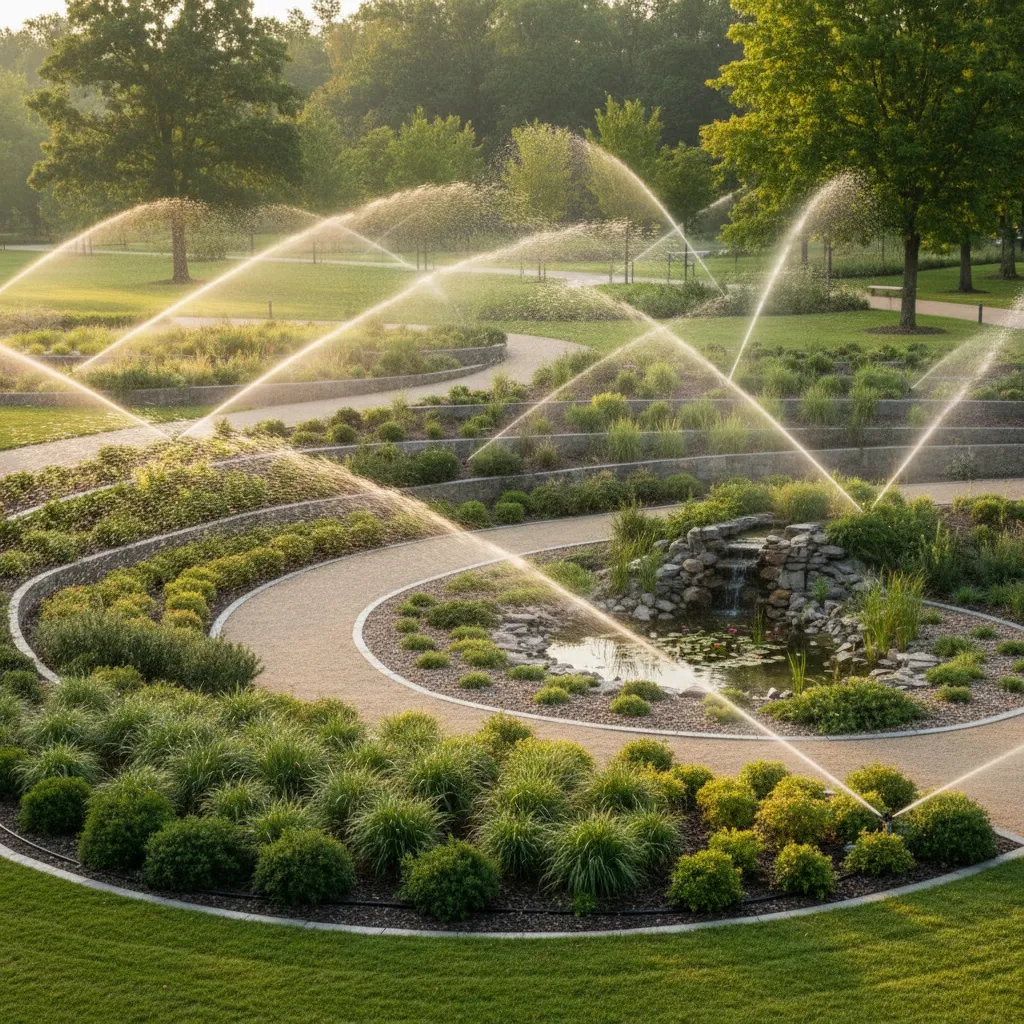 modern landscape irrigation system watering park gardens efficiently