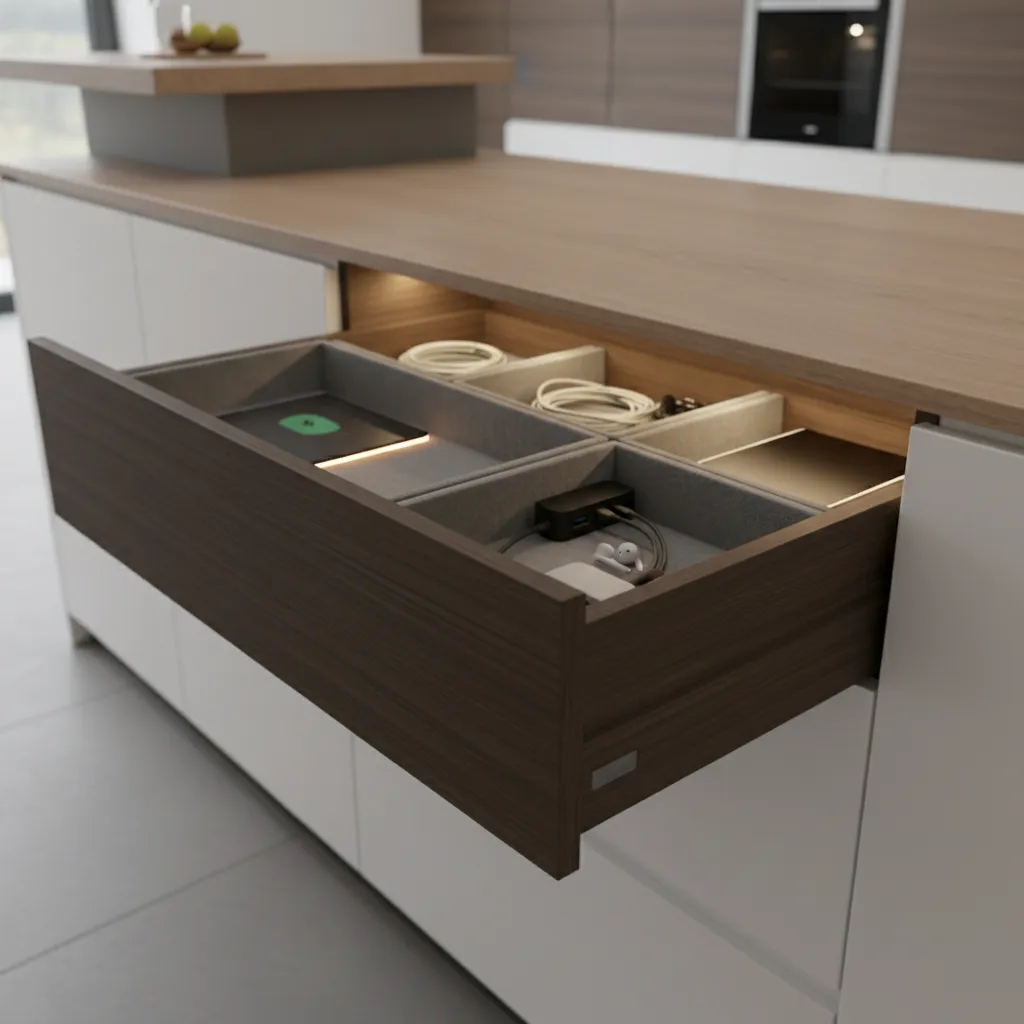 Smart cabinet interior lighting and charging drawer in modern kitchen