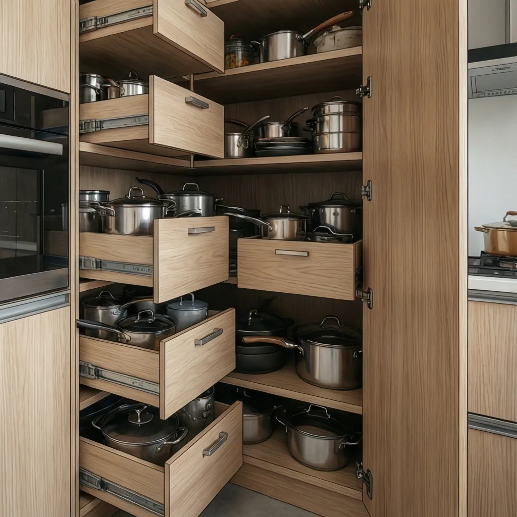 Modern kitchen cabinet with pull-out storage and organized drawers