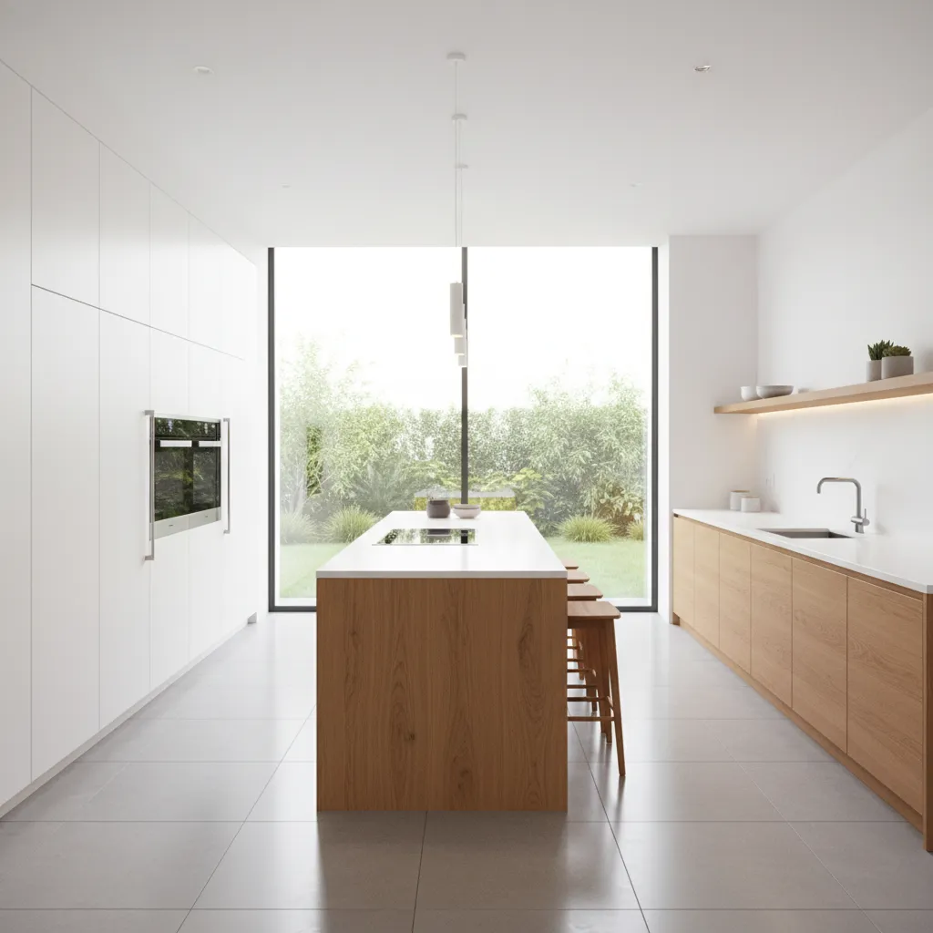 Minimalist white kitchen with wood island stools and lower cabinets near a large floor window