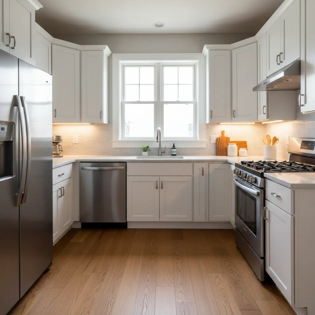 Modern white kitchen with wooden floor stainless steel appliances white cabinets and large bright window