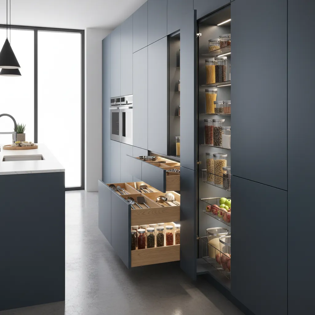 Modern blue kitchen cabinets with open wooden drawers showing spice jars and tall pantry shelves