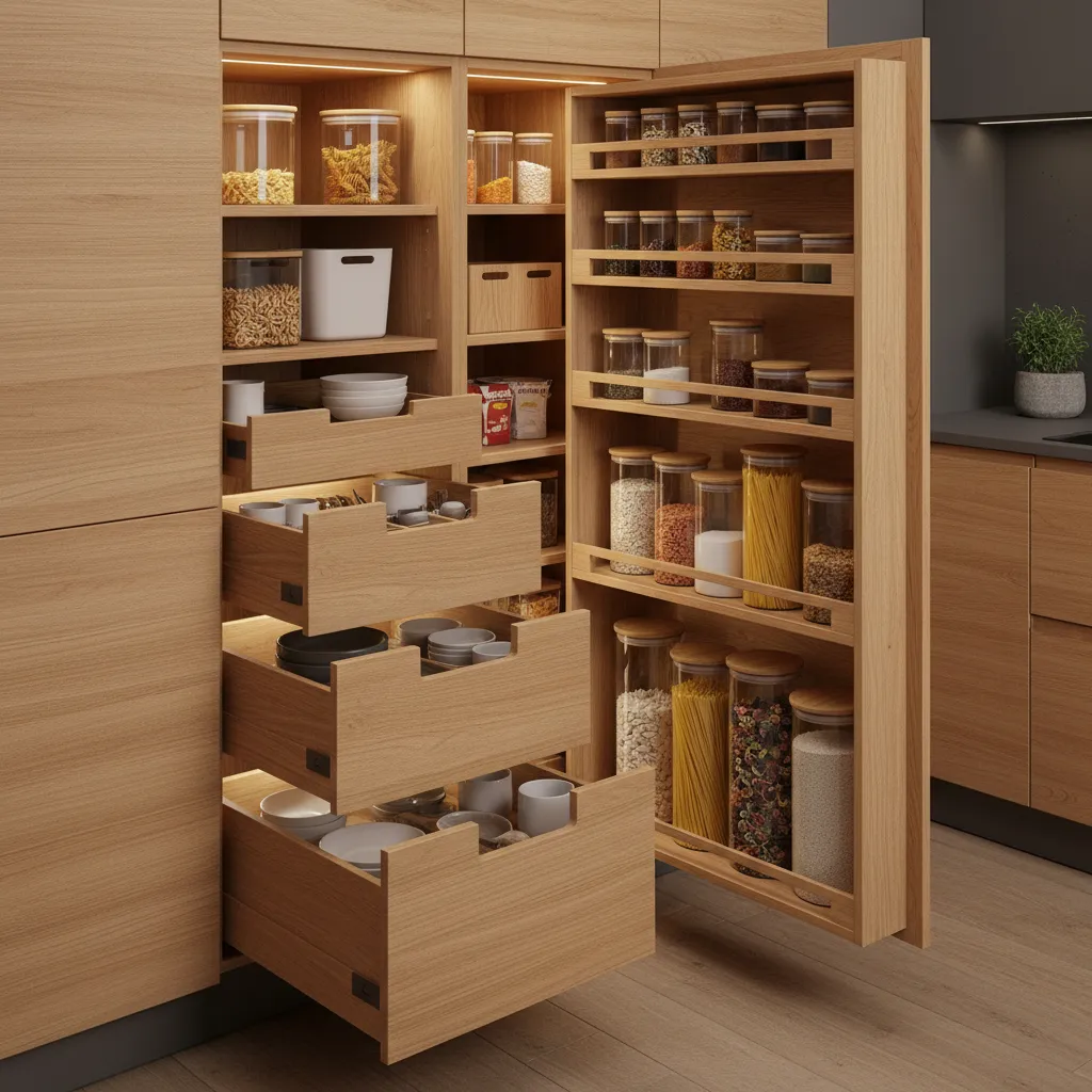 Pull out pantry drawers and smart kitchen storage systems