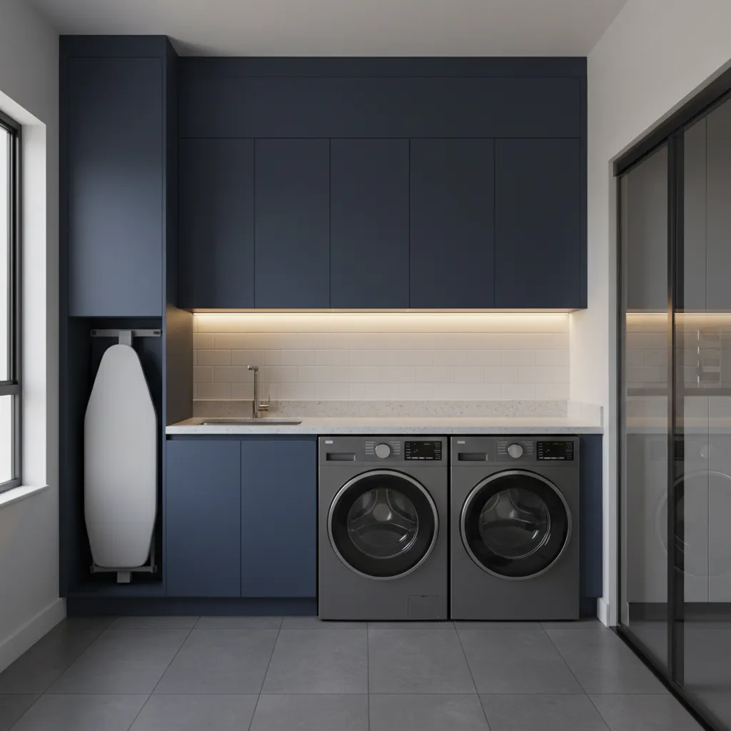 Modern smart laundry room with sleek appliances and dark cabinetry